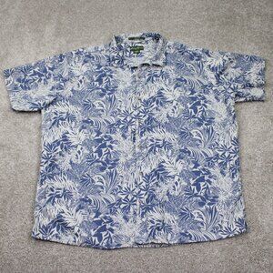 Eddie Bauer Hawaiian‎ Shirt Mens 2XL XXL Blue/White Linen/Cotton Relaxed Fit S/S